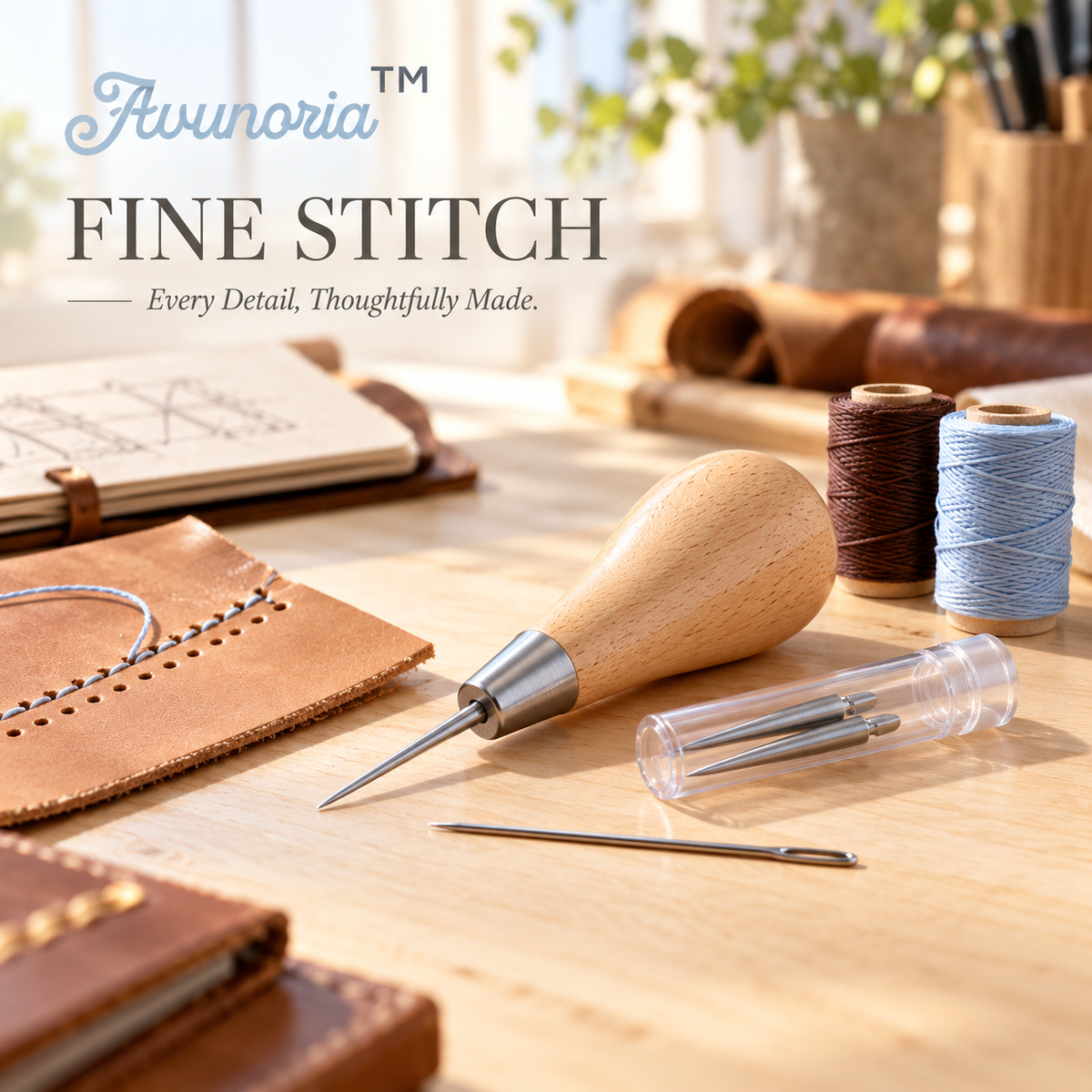 Avunoria™ Fine Stitch – Premium Leather Stitching Awl & Hand Sewing Tool Set, Precision Craft Kit for Leather Repairs, Handmade Accessories & DIY Projects