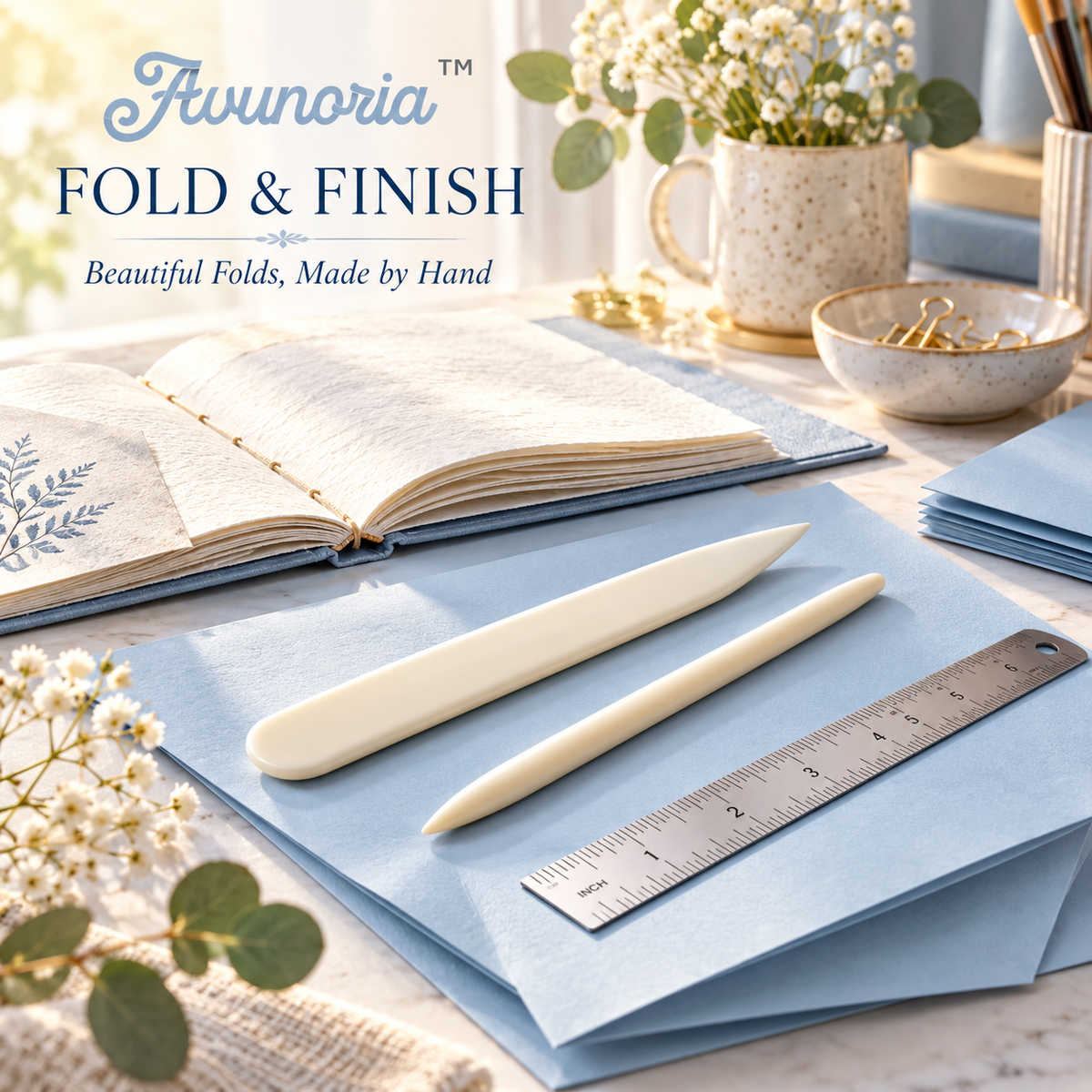 Avunoria™ Fold & Finish – Precision Bone Folder & Paper Creasing Tool Set, Professional Bookbinding Accessories for Handmade Journals & Paper Crafts