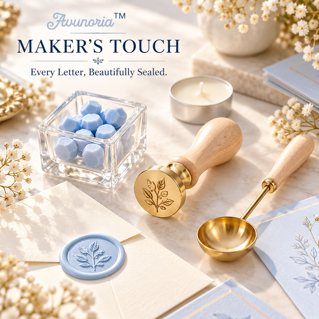 Avunoria™ Maker’s Touch – Premium Wax Seal Stamp & Melting Spoon Craft Kit, Minimalist Sealing Tools for Handmade Letters, Invitations & Creative DIY Gifts