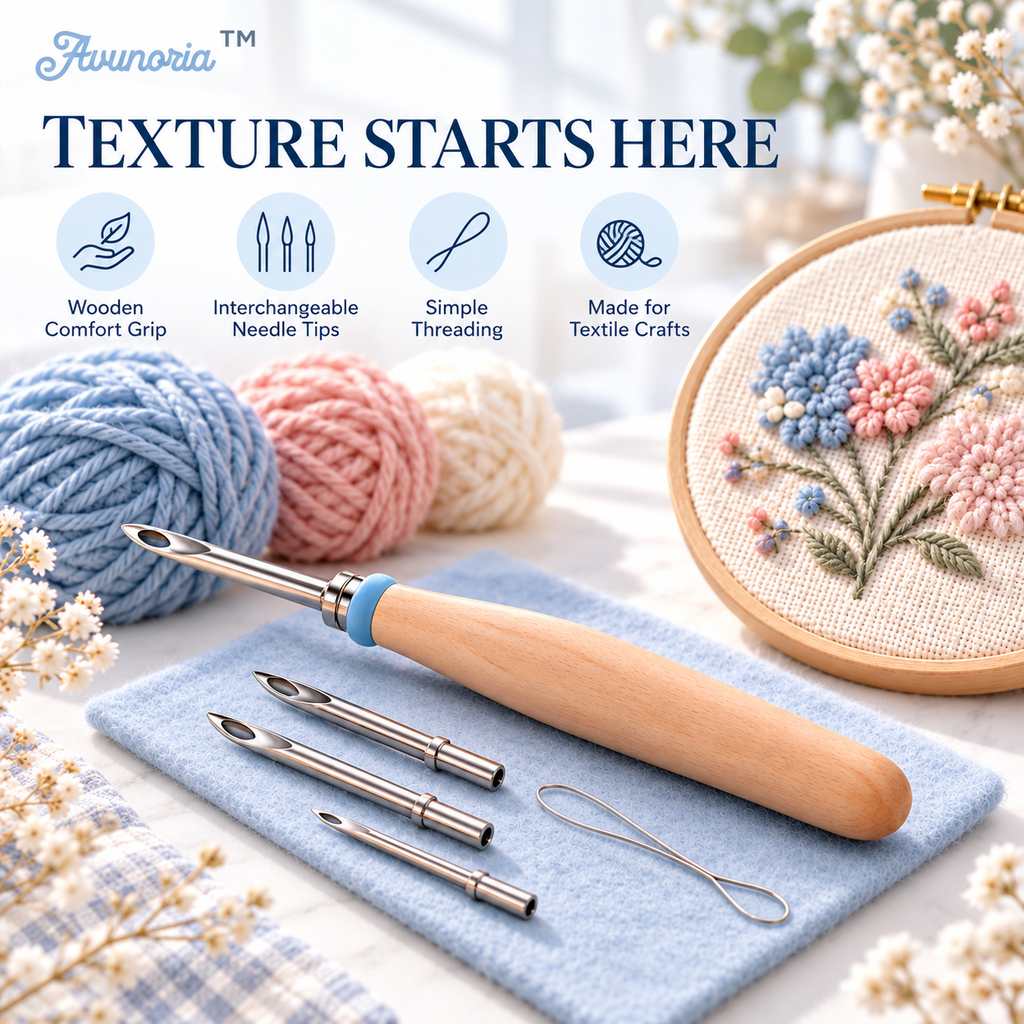Avunoria™ Thread & Form – Modern Embroidery Punch Needle Starter Kit, Wooden Handle Needle Tool Set for Textile Crafts, Home Decor & DIY Projects