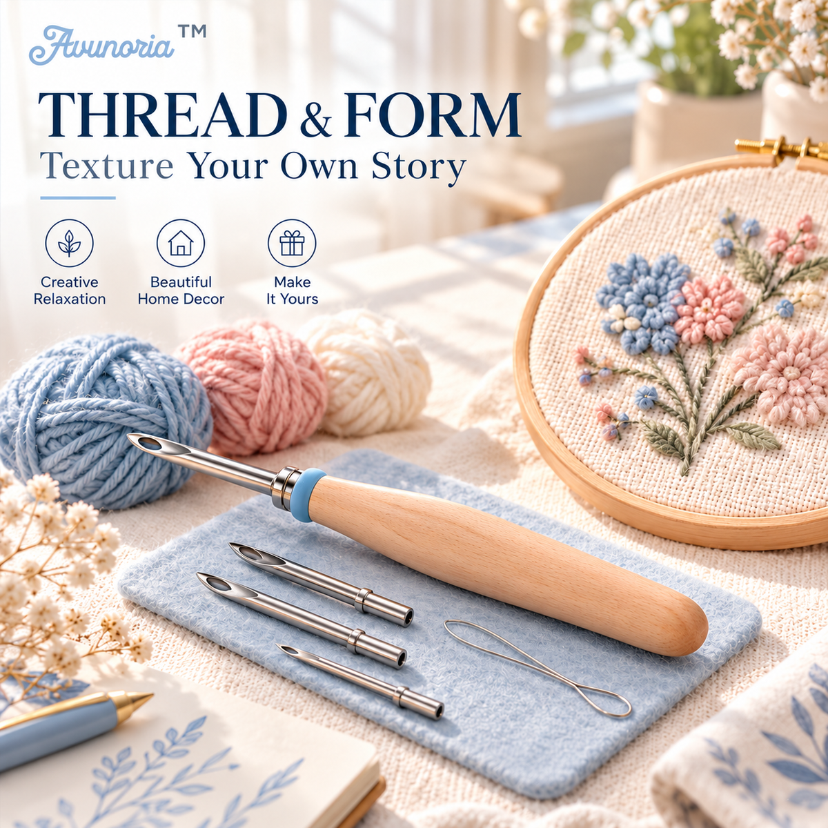 Avunoria™ Thread & Form – Modern Embroidery Punch Needle Starter Kit, Wooden Handle Needle Tool Set for Textile Crafts, Home Decor & DIY Projects