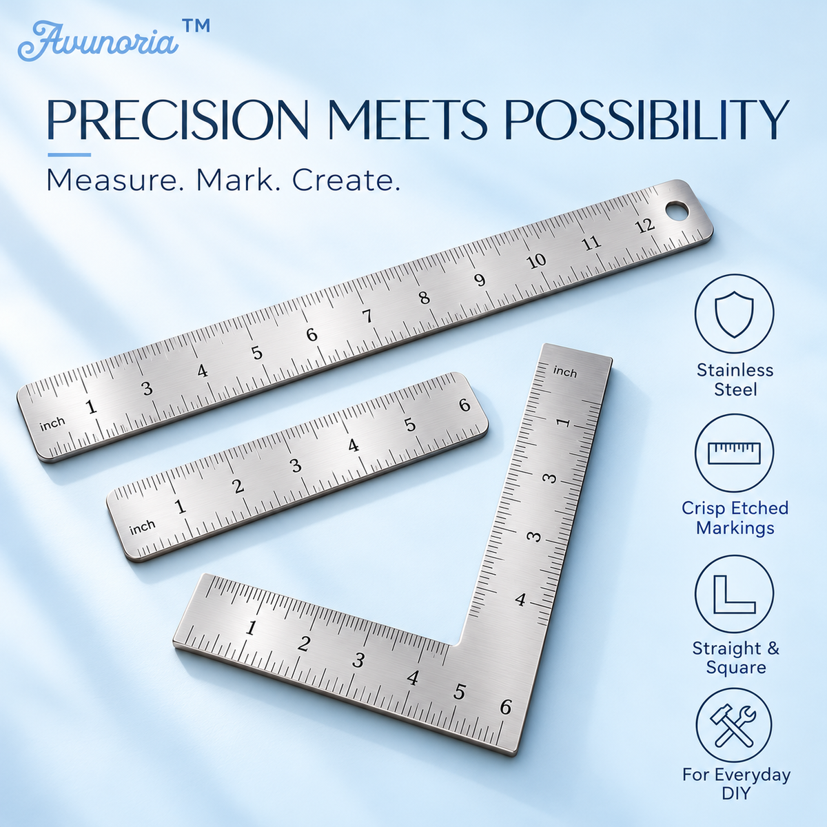 Avunoria™ Forma Measure – Stainless Steel Precision Ruler & Measuring Tool Set, Minimalist Layout Kit for Home Crafts, Sewing & DIY Projects