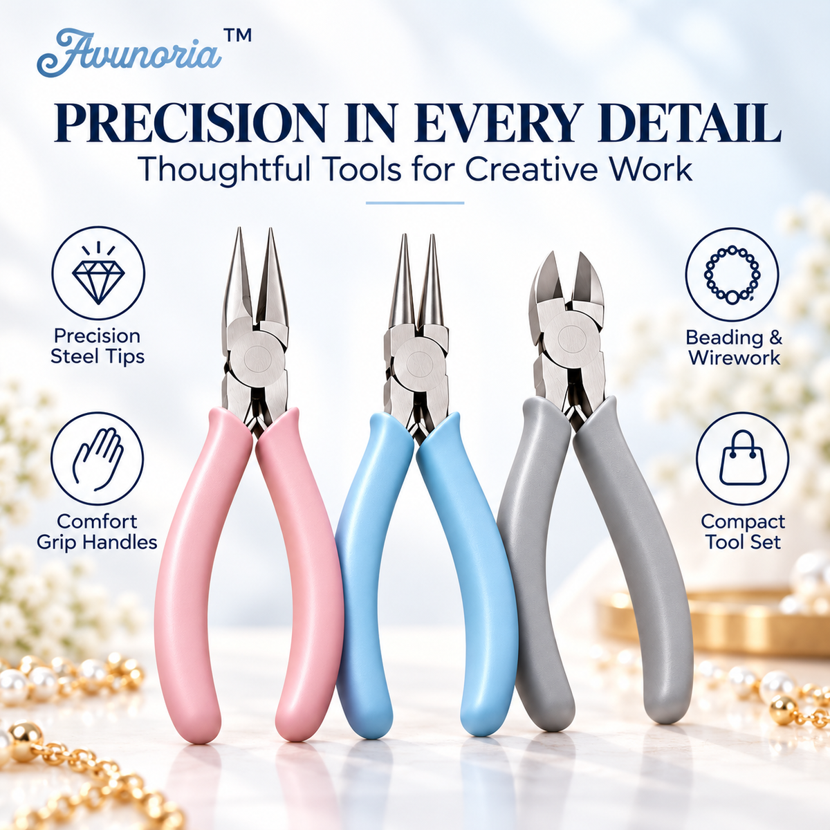 Avunoria™ Studio Grip – Premium Mini Precision Pliers Set, Ergonomic Jewelry Making & DIY Hand Tools for Wire Crafting, Beading & Creative Repairs