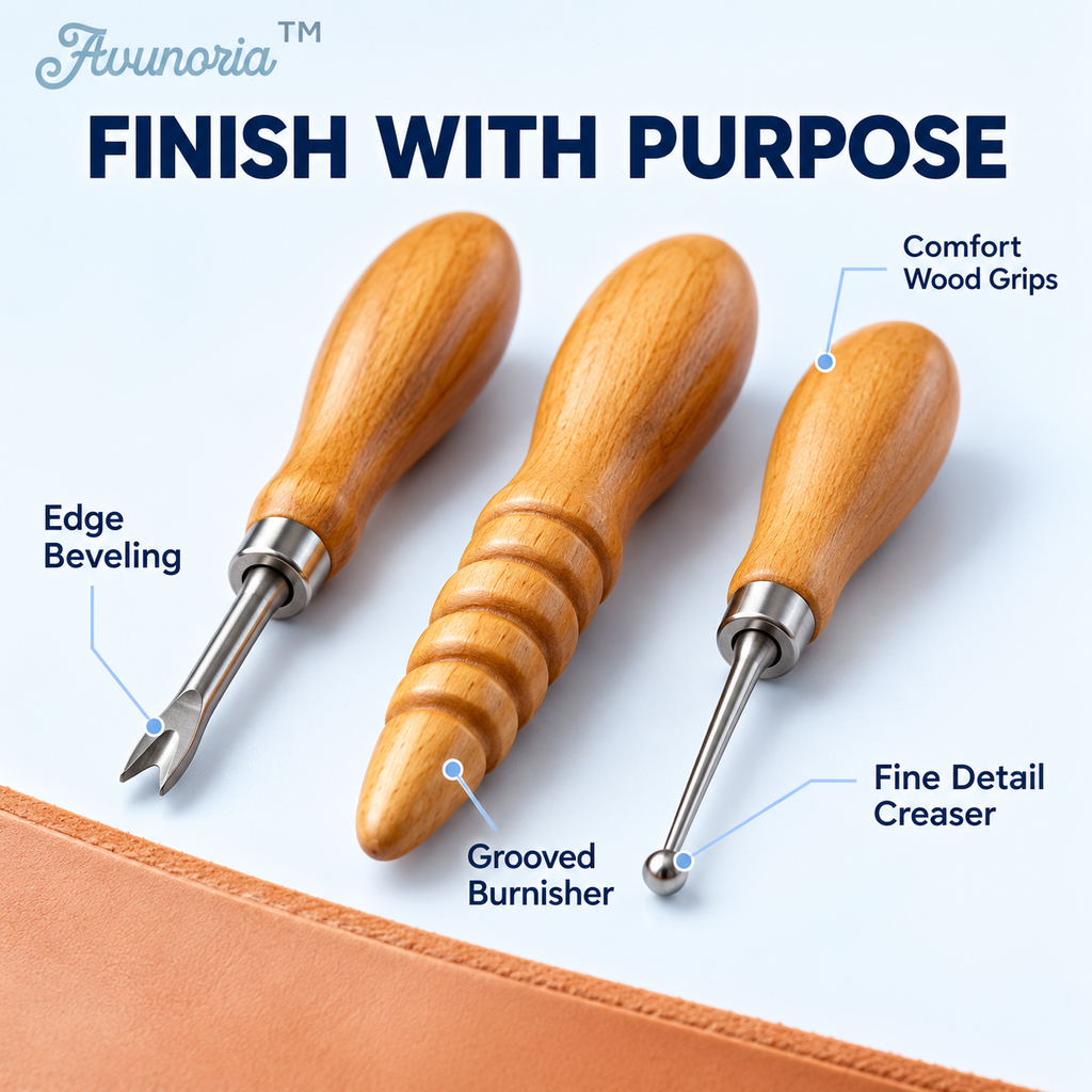 Avunoria™ Curve Studio – Premium Leathercraft Edge Beveler & Burnishing Tool Set, Hand Finishing Tools for Leather DIY, Wallet Making & Craft Workshops